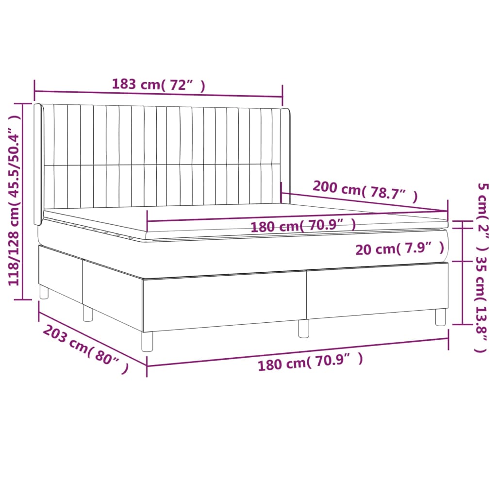 Cama box spring c/ colchão/LED 180x200cm tecido castanho-escuro