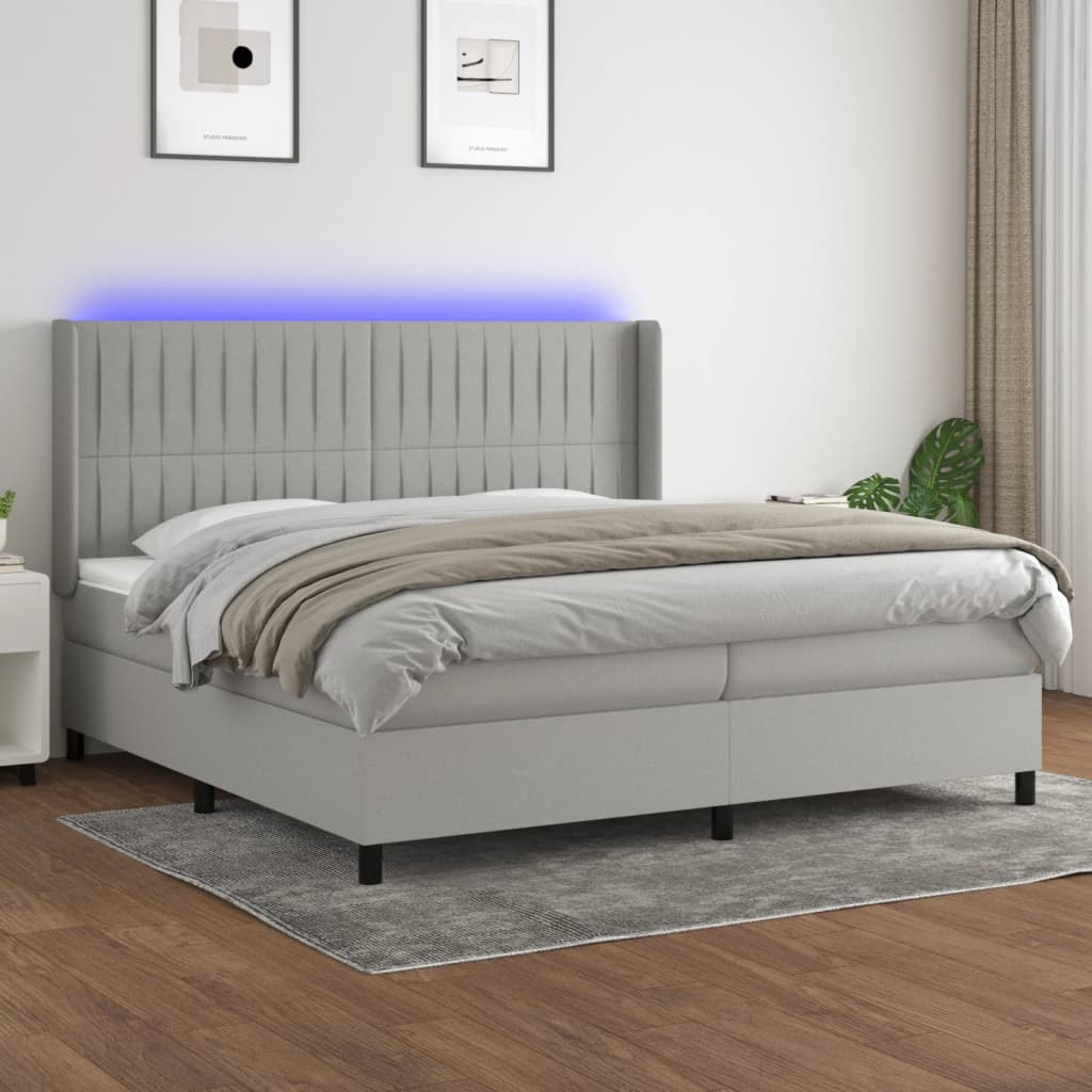 Cama box spring c/ colchão e LED 200x200 cm tecido cinza-claro