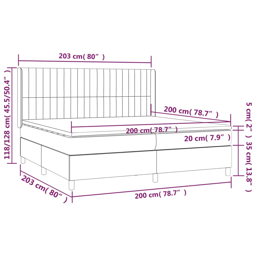 Cama box spring c/ colchão/LED 200x200cm tecido castanho-escuro