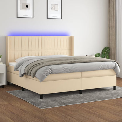 Cama box spring c/ colchão e LED 200x200 cm tecido cor creme