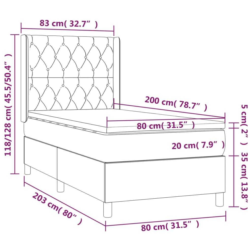 Cama box spring c/ colchão e LED 80x200 cm tecido cinza-claro