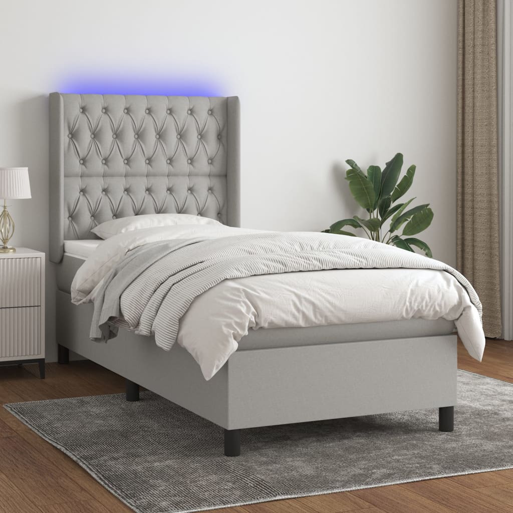 Cama box spring c/ colchão e LED 80x200 cm tecido cinza-claro