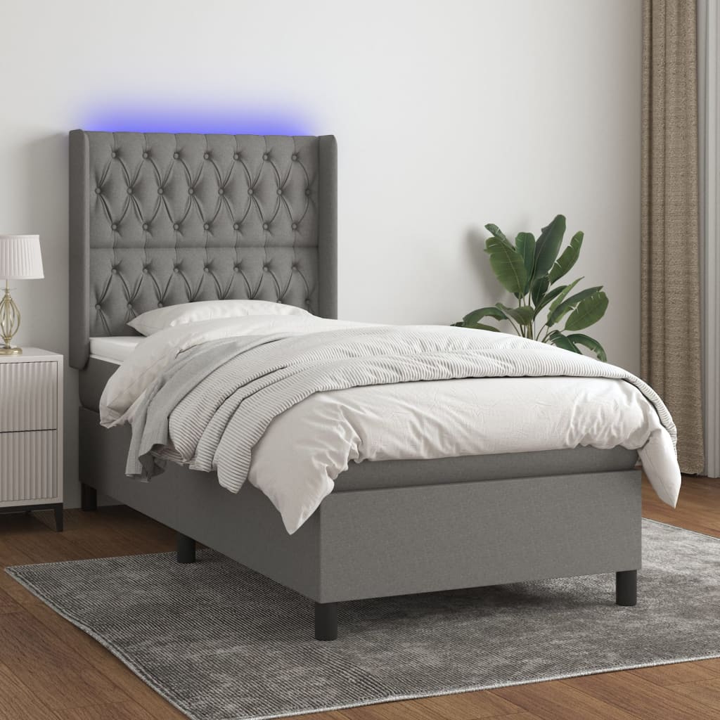 Cama box spring c/ colchão e LED 80x200 cm tecido cinza-escuro