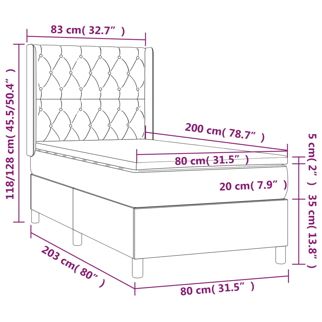 Cama box spring c/ colchão e LED 80x200 cm tecido preto