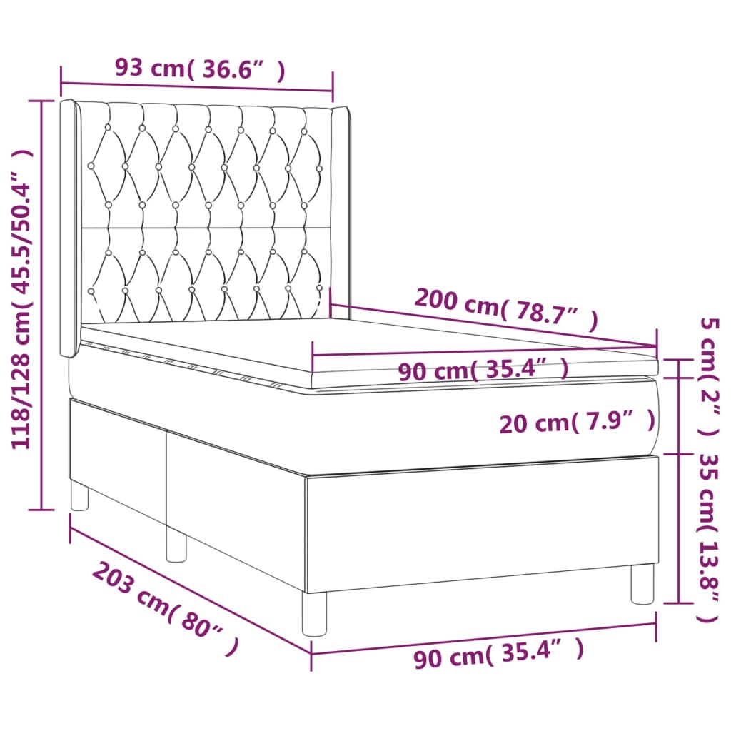 Cama box spring c/ colchão e LED 90x200 cm tecido cinza-claro