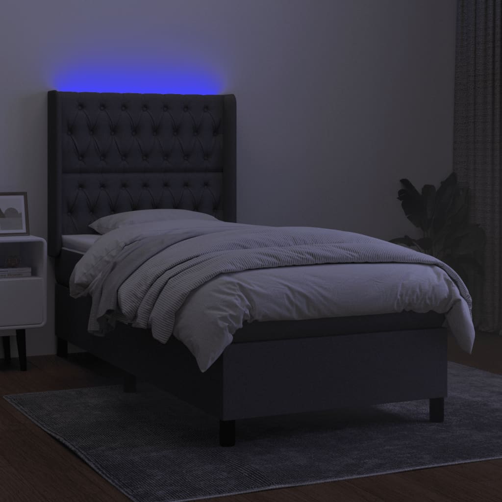 Cama box spring c/ colchão e LED 90x200 cm tecido cinza-escuro