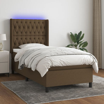 Cama box spring c/ colchão/LED 90x200 cm tecido castanho-escuro