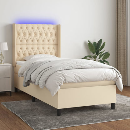 Cama box spring c/ colchão e LED 90x200 cm tecido cor creme