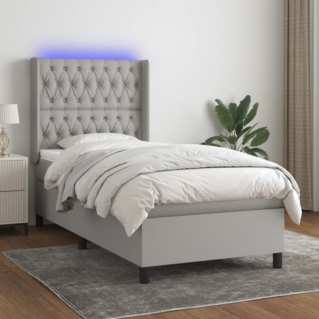 Cama box spring c/ colchão e LED 100x200 cm tecido cinza-claro