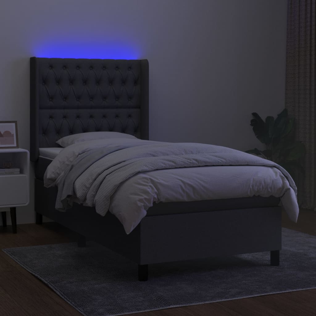 Cama box spring c/ colchão e LED 100x200 cm tecido cinza-escuro