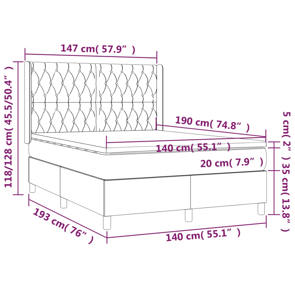 Cama box spring c/ colchão e LED 140x190 cm tecido cinza-escuro