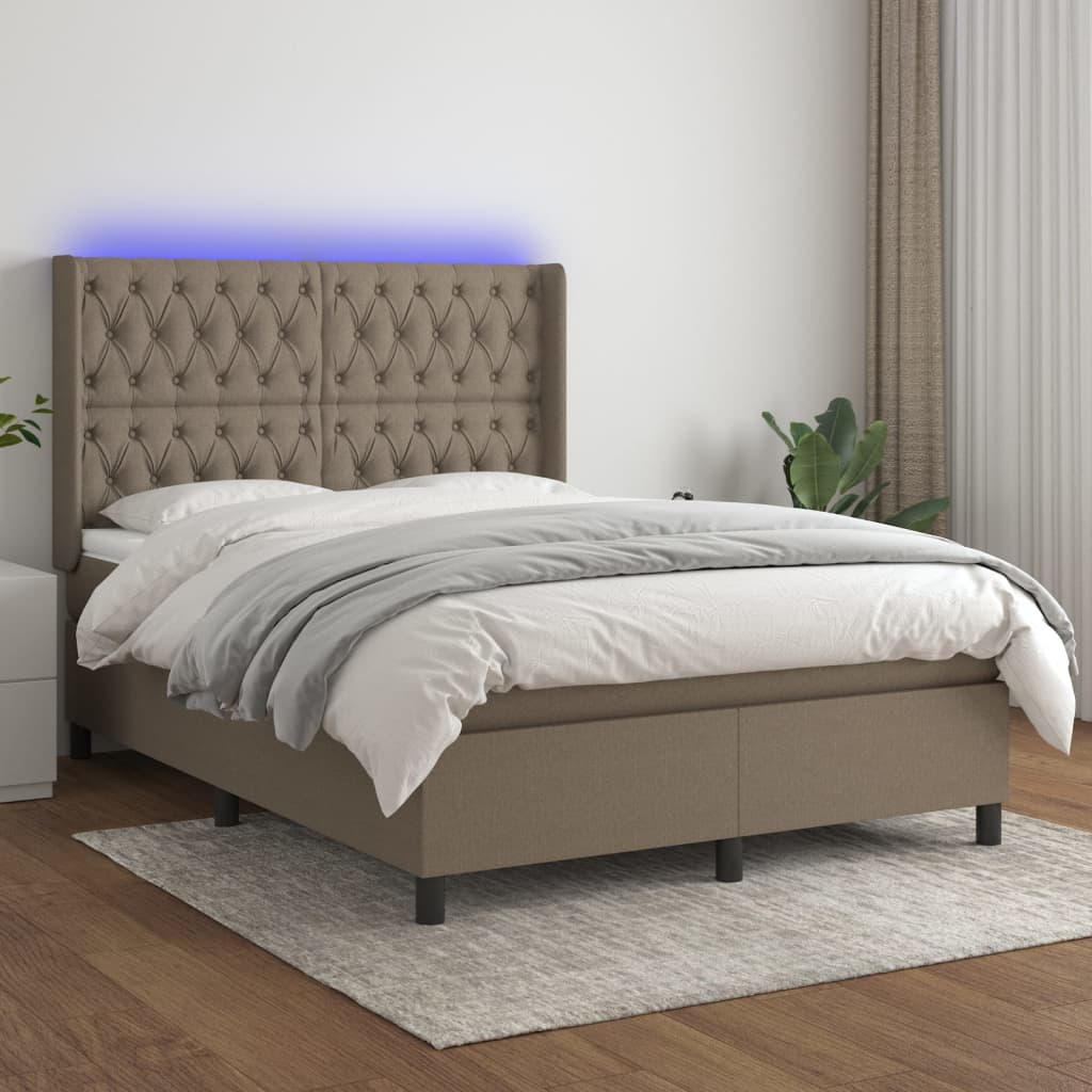 Cama box spring colchão/LED 140x190cm tecido cinza-acastanhado