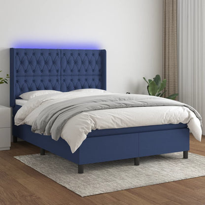 Cama box spring c/ colchão e LED 140x190 cm tecido azul