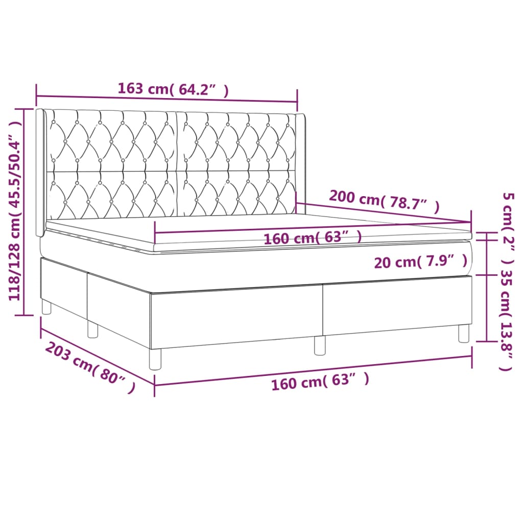 Cama box spring c/ colchão e LED 160x200 cm tecido cor creme