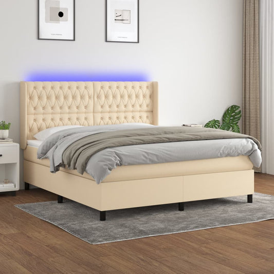 Cama box spring c/ colchão e LED 160x200 cm tecido cor creme