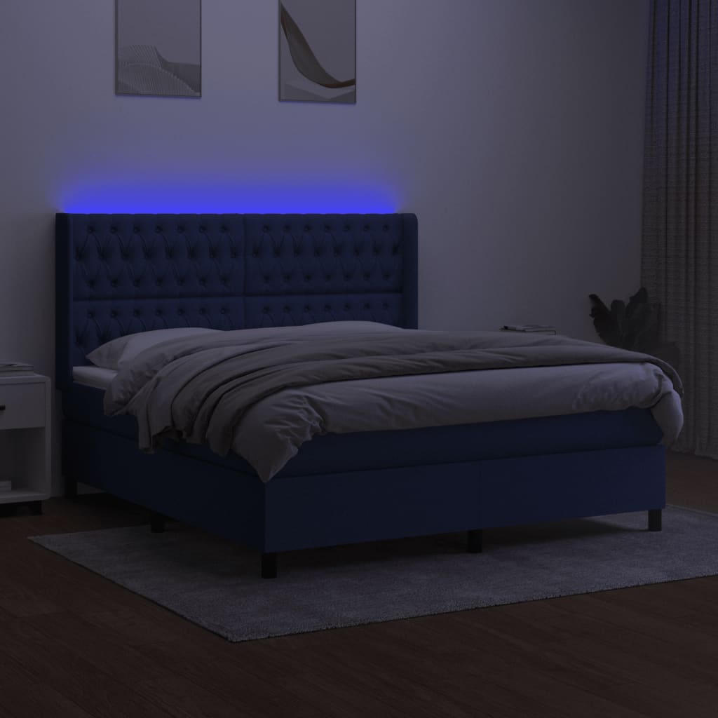 Cama box spring c/ colchão e LED 160x200 cm tecido azul