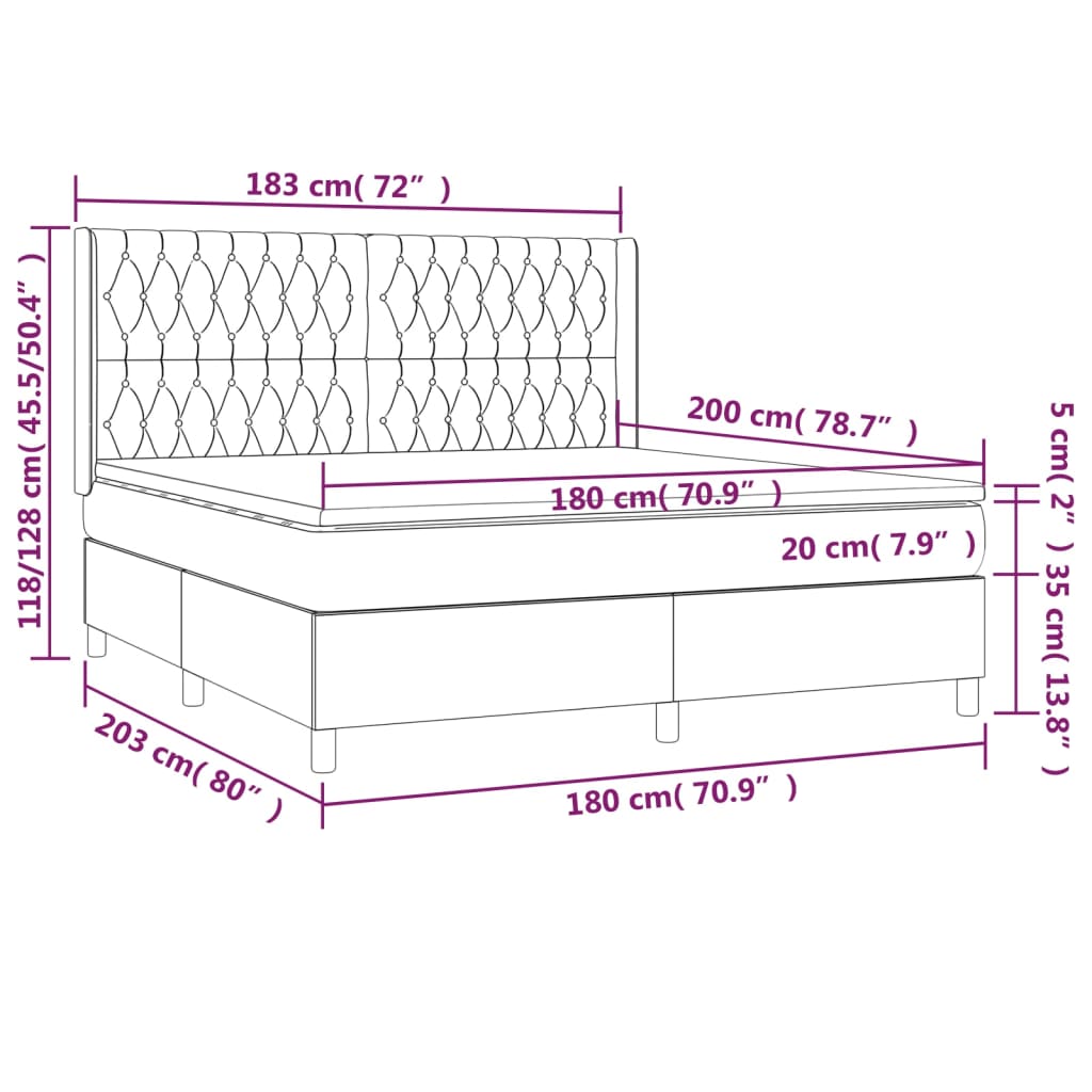 Cama box spring c/ colchão e LED 180x200 cm tecido cinza-claro