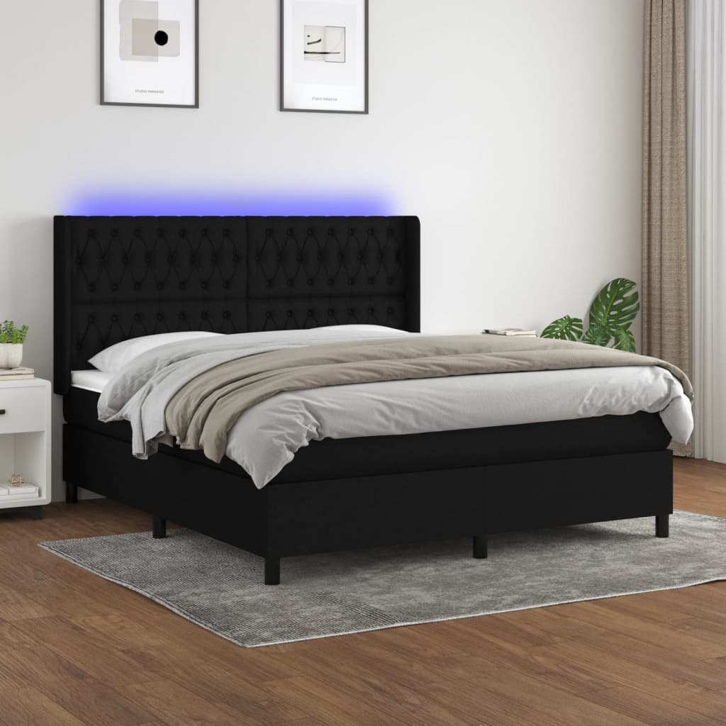 Cama box spring c/ colchão e LED 180x200 cm tecido preto