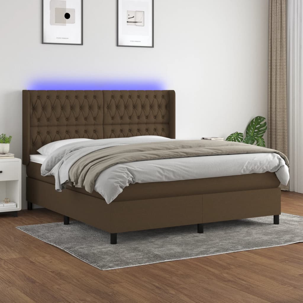 Cama box spring c/ colchão/LED 180x200cm tecido castanho-escuro