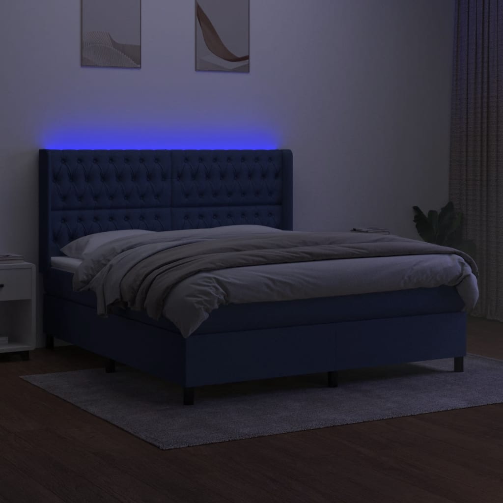 Cama box spring c/ colchão e LED 180x200 cm tecido azul