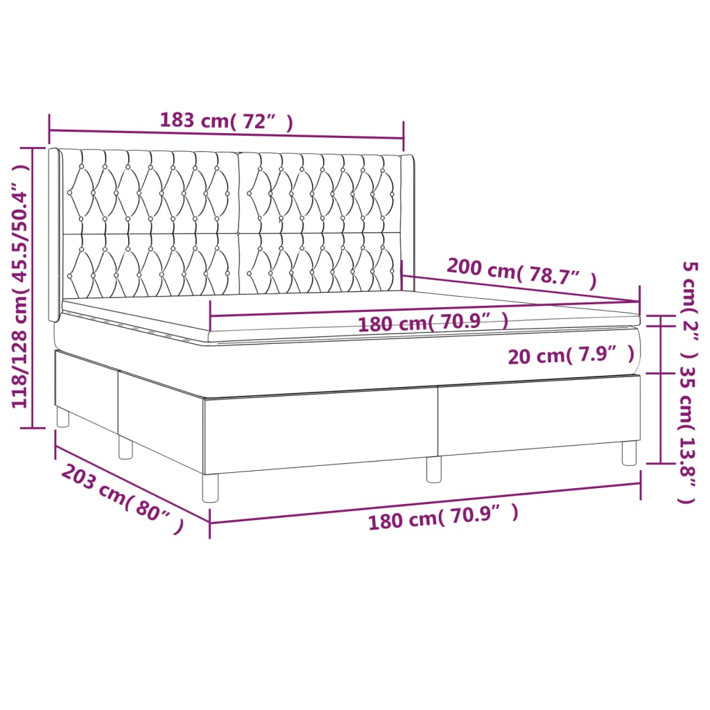 Cama box spring c/ colchão e LED 180x200 cm tecido azul