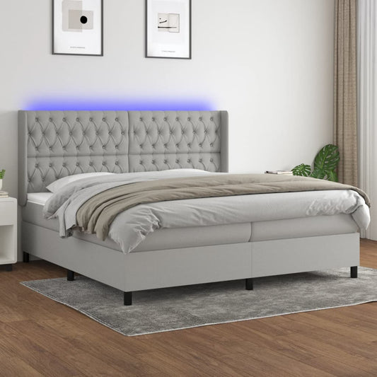 Cama box spring c/ colchão e LED 200x200 cm tecido cinza-claro