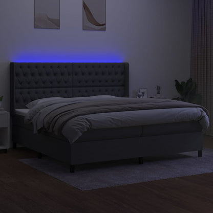 Cama box spring c/ colchão e LED 200x200 cm tecido cinza-escuro