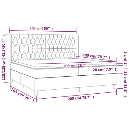 Cama box spring c/ colchão e LED 200x200 cm tecido cinza-escuro