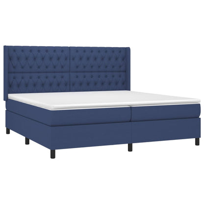 Cama box spring c/ colchão e LED 200x200 cm tecido azul