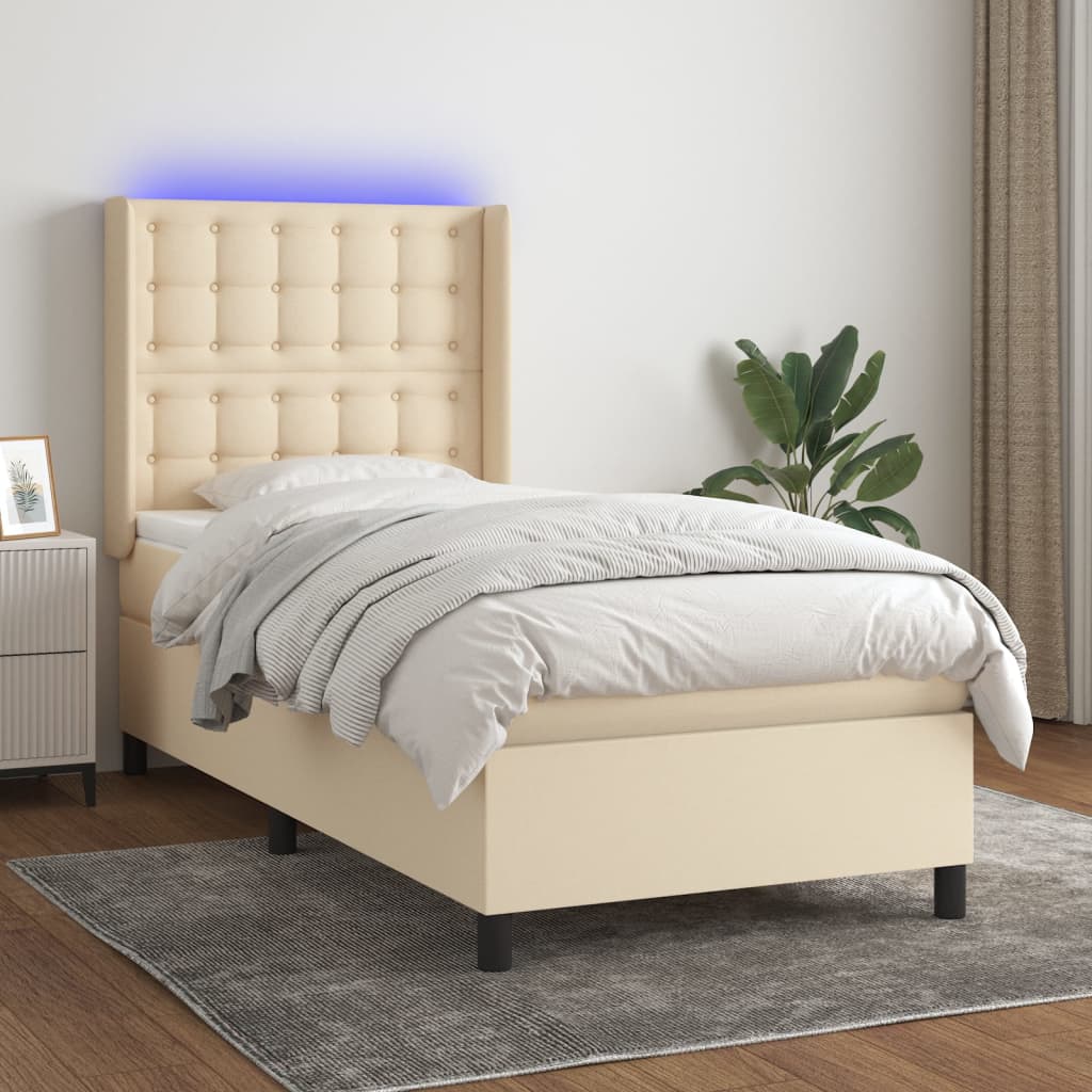 Cama box spring c/ colchão e LED 90x190 cm tecido cor creme