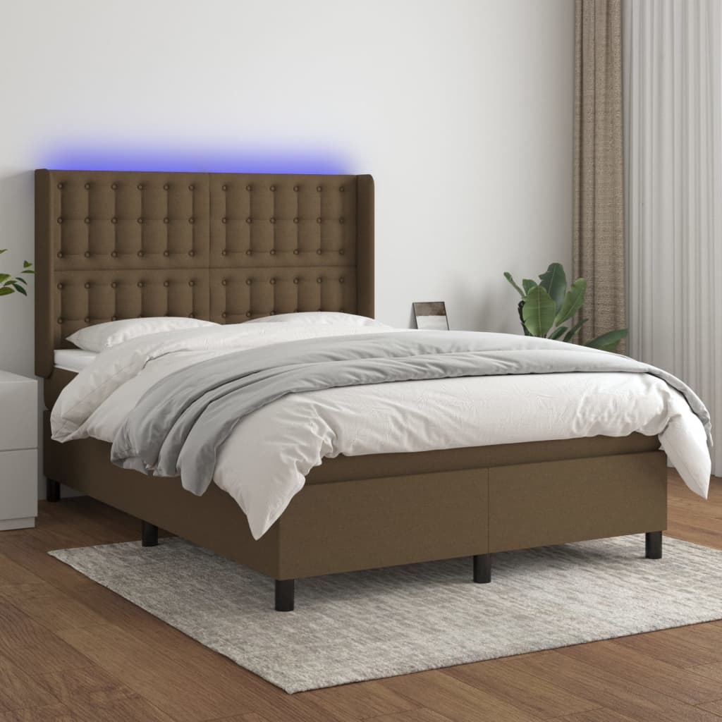 Cama box spring c/ colchão/LED 140x190cm tecido castanho-escuro