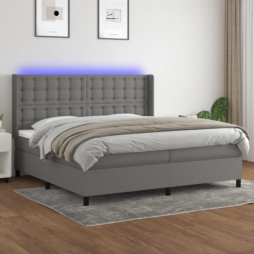 Cama box spring c/ colchão e LED 200x200 cm tecido cinza-escuro