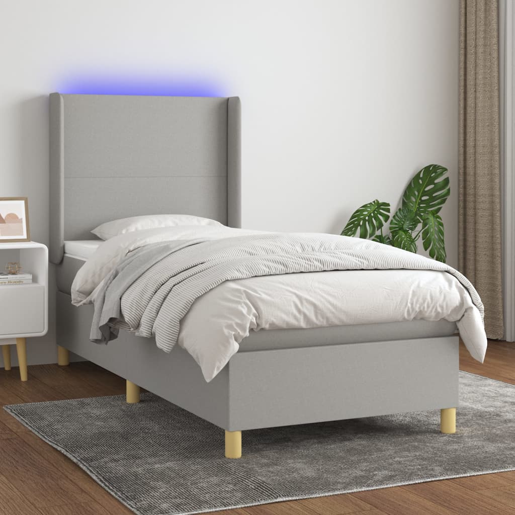 Cama box spring c/ colchão e LED 80x200 cm tecido cinza-claro