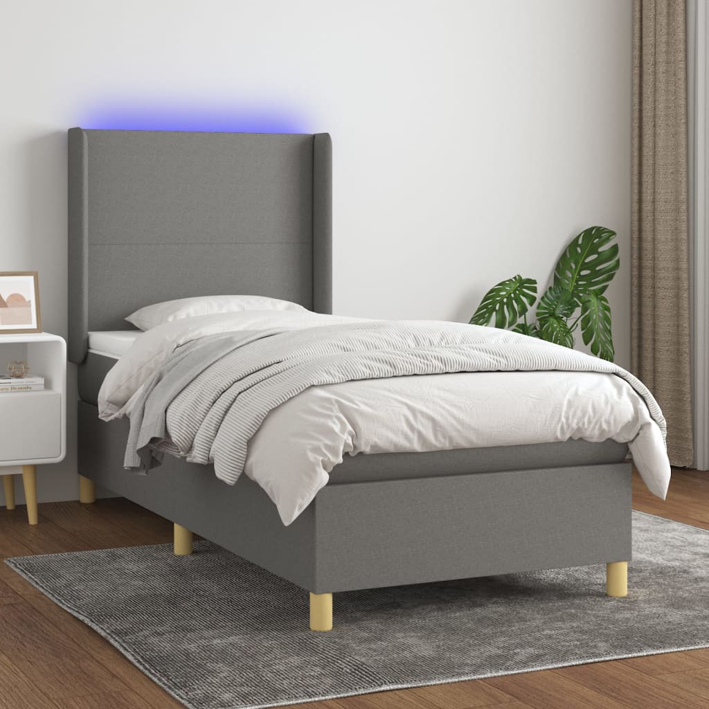 Cama box spring c/ colchão e LED 80x200 cm tecido cinza-escuro