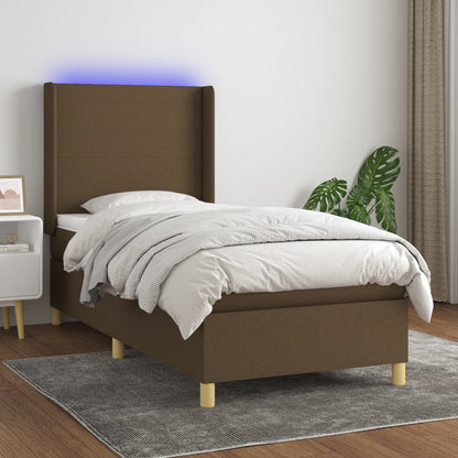 Cama box spring c/ colchão/LED 80x200cm tecido castanho-escuro