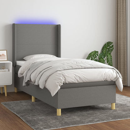 Cama box spring c/ colchão e LED 90x190 cm tecido cinza-escuro