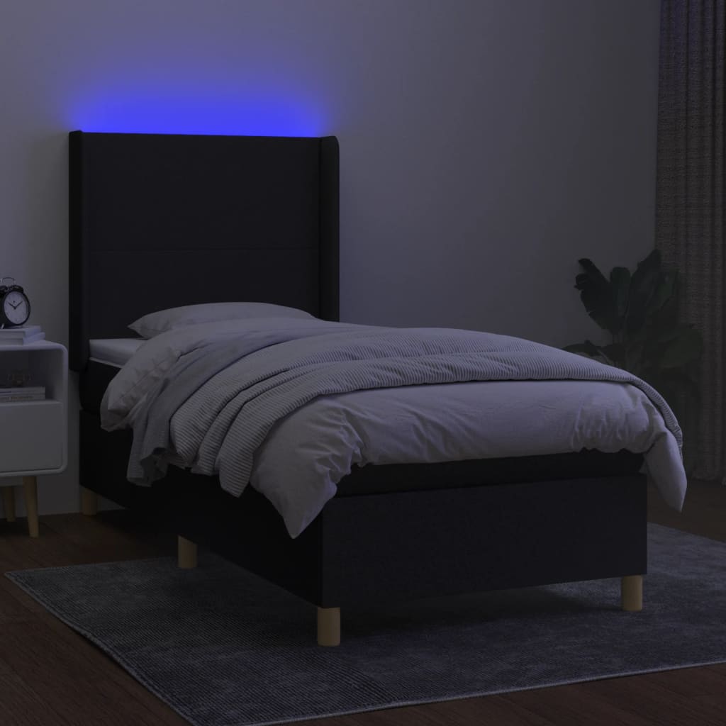 Cama box spring c/ colchão e LED 90x190 cm tecido preto