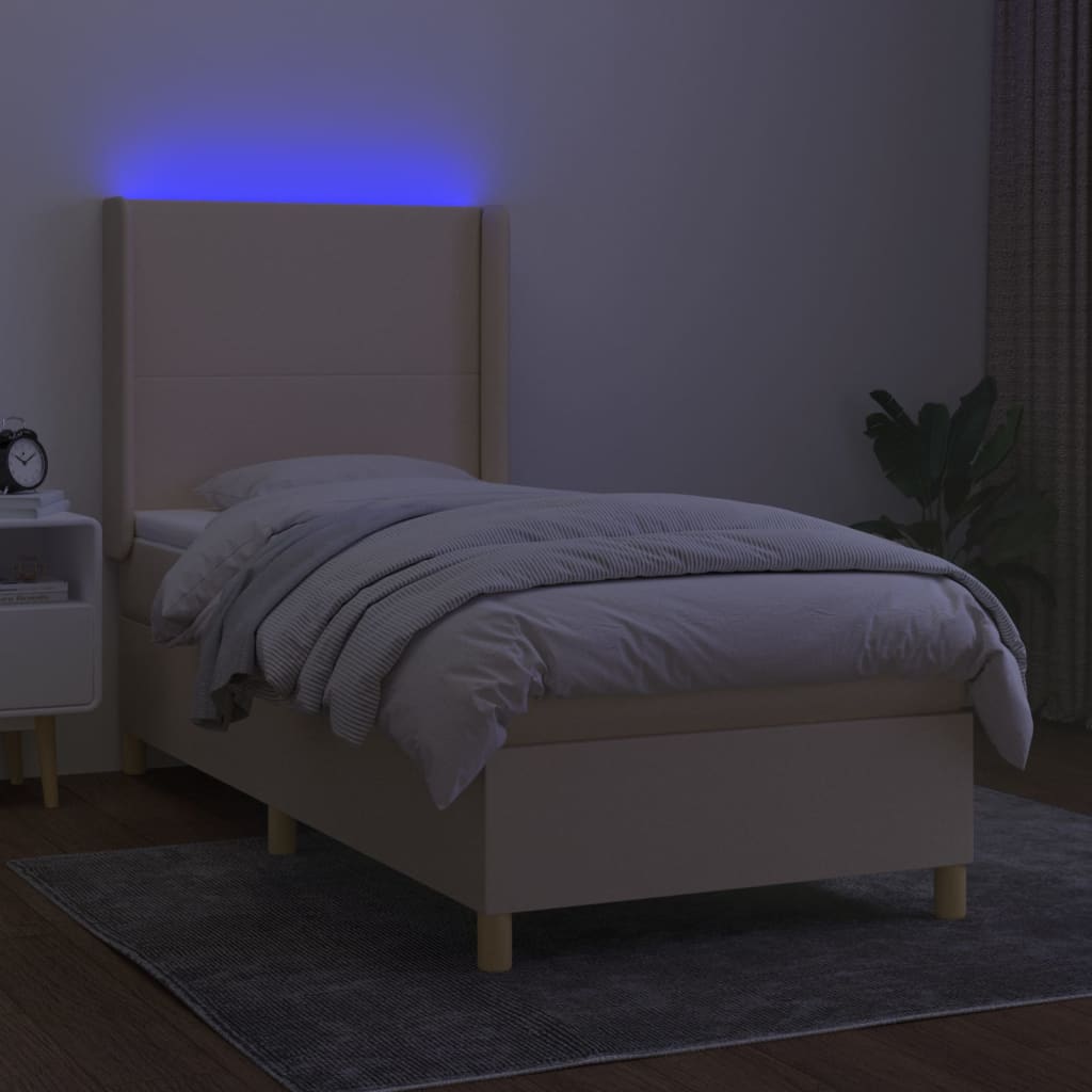 Cama box spring c/ colchão e LED 90x190 cm tecido cor creme