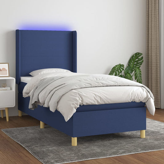 Cama box spring c/ colchão e LED 90x190 cm tecido azul