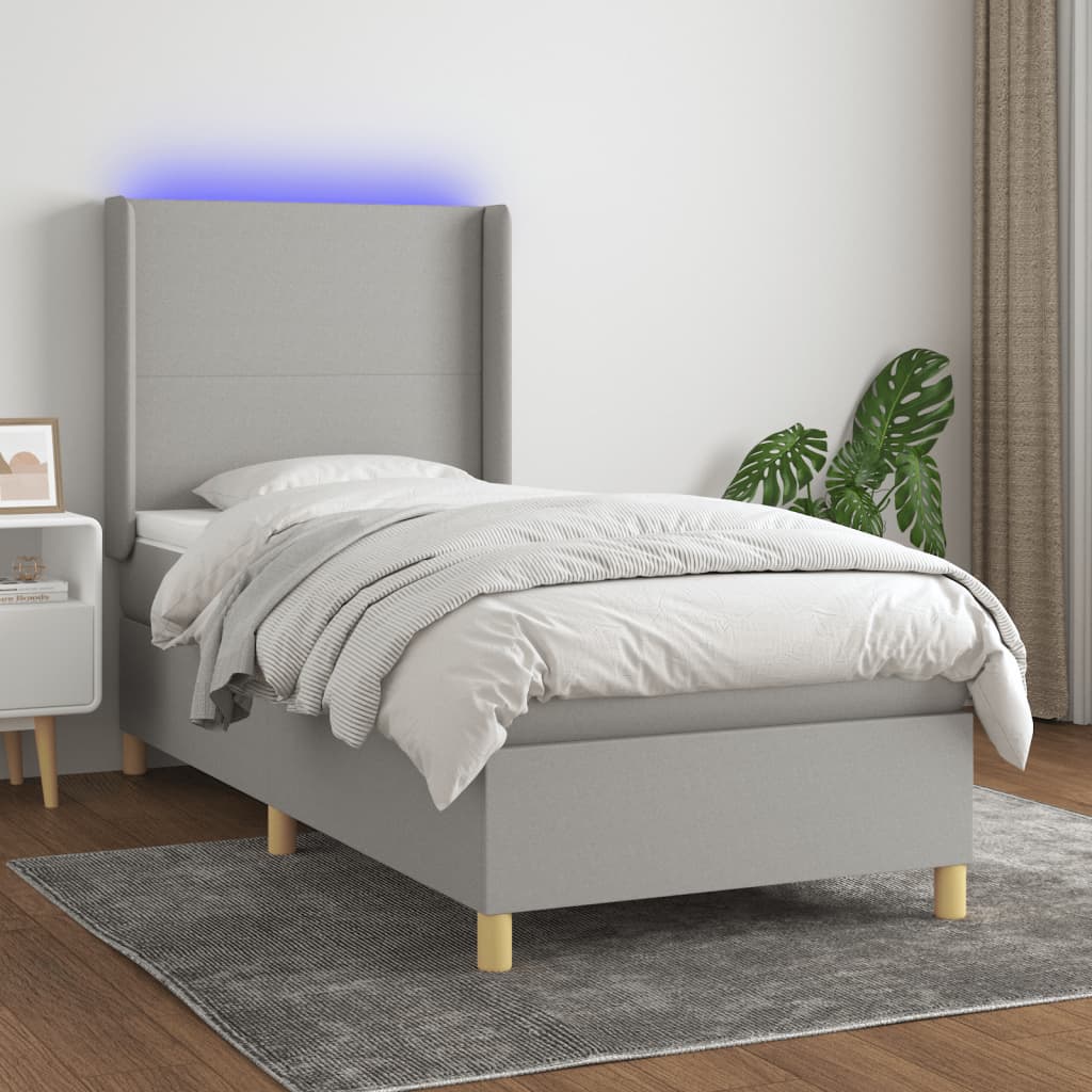 Cama box spring c/ colchão e LED 100x200 cm tecido cinza-claro