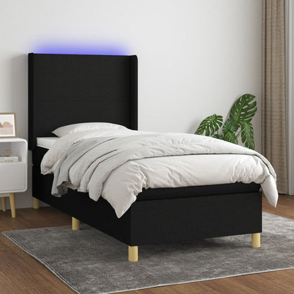 Cama box spring c/ colchão e LED 100x200 cm tecido preto