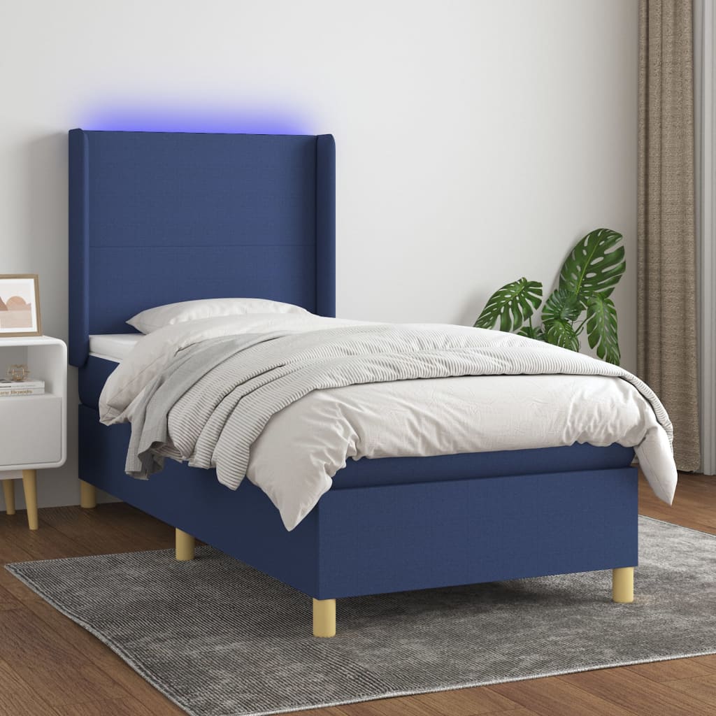 Cama box spring c/ colchão e LED 100x200 cm tecido azul