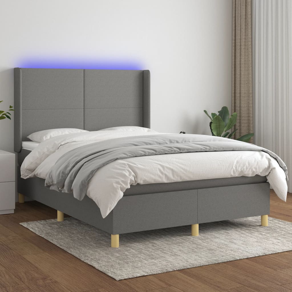 Cama box spring c/ colchão e LED 140x190 cm tecido cinza-escuro