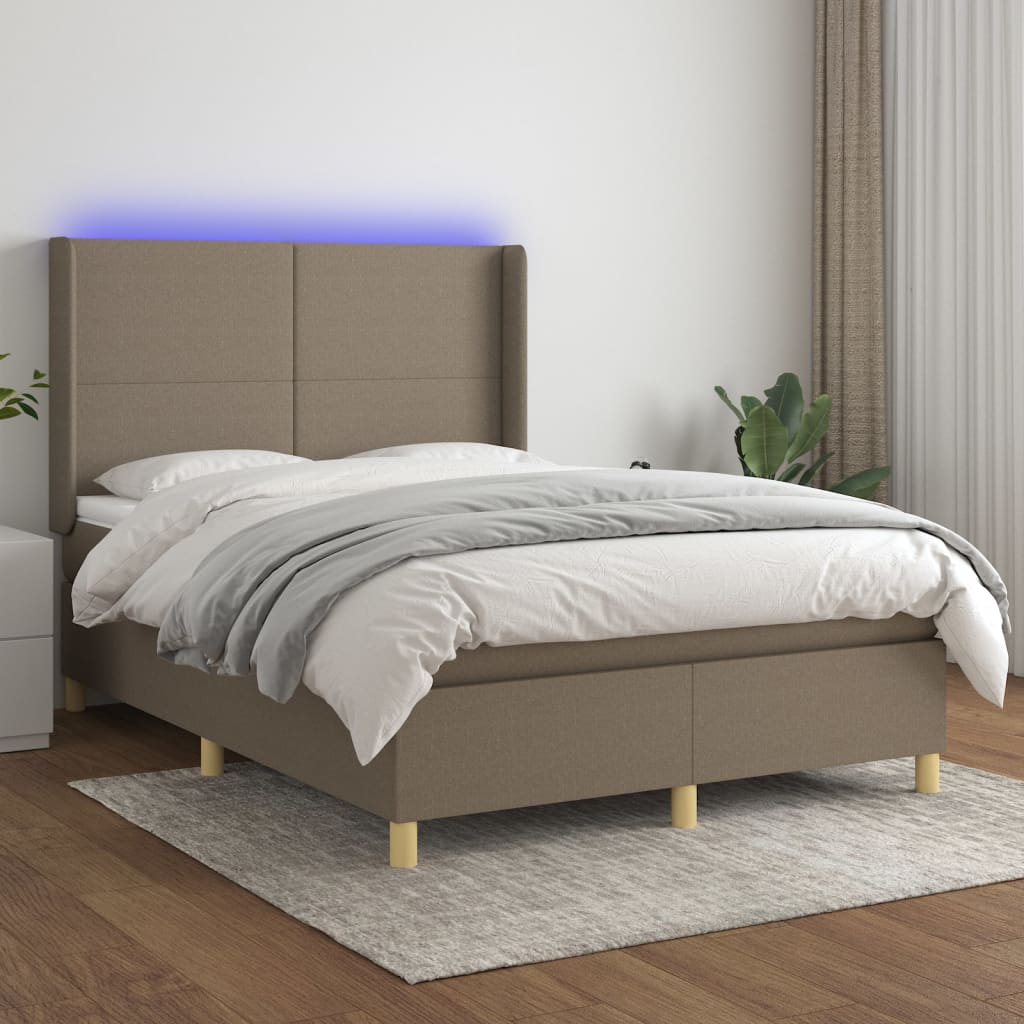 Cama box spring colchão/LED 140x190cm tecido cinza-acastanhado