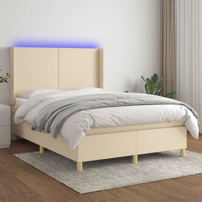 Cama box spring c/ colchão e LED 140x190 cm tecido cor creme