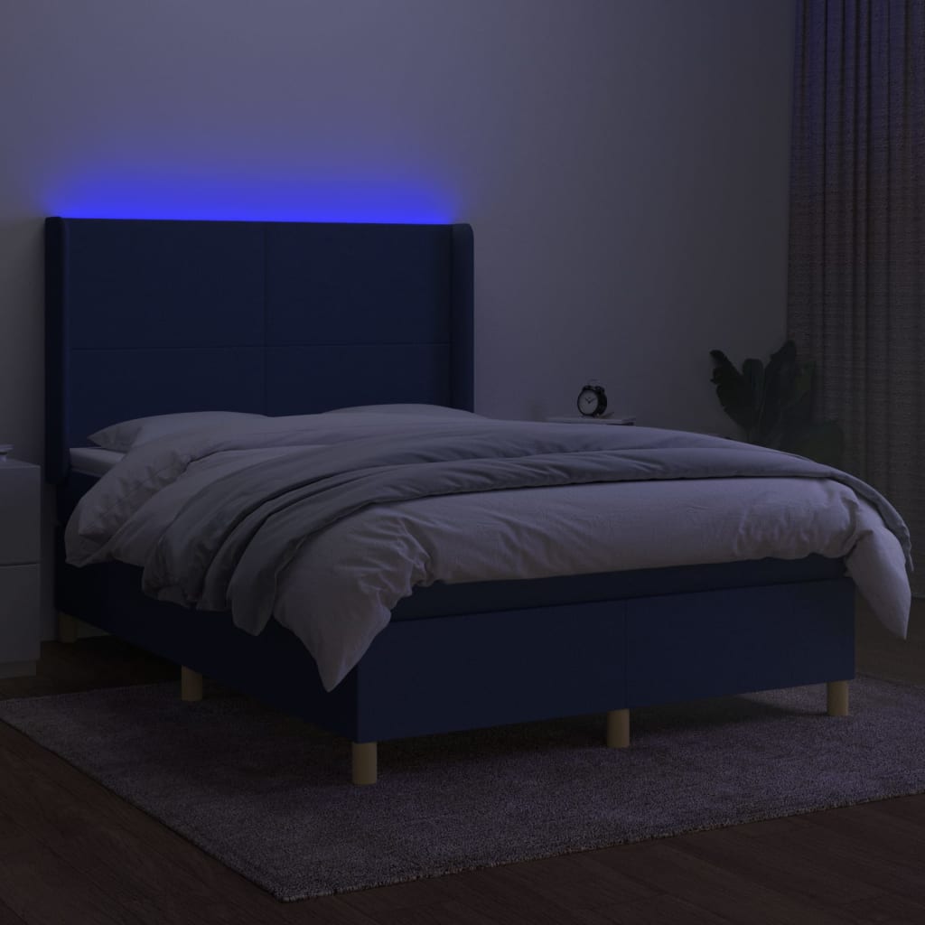 Cama box spring c/ colchão e LED 140x190 cm tecido azul