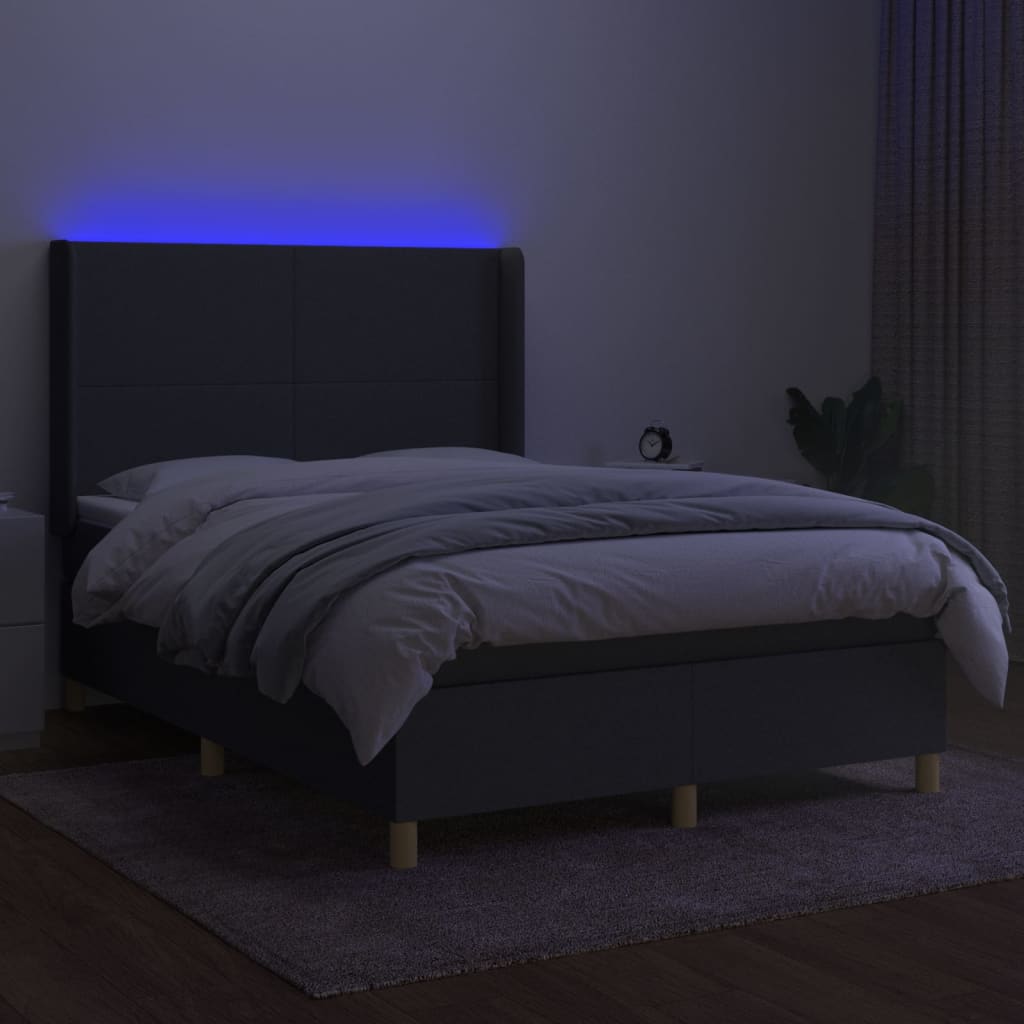 Cama box spring c/ colchão e LED 140x200 cm tecido cinza-escuro