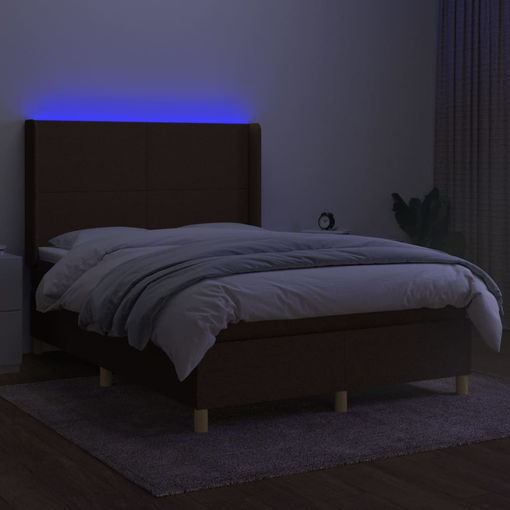 Cama box spring c/ colchão/LED 140x200cm tecido castanho-escuro