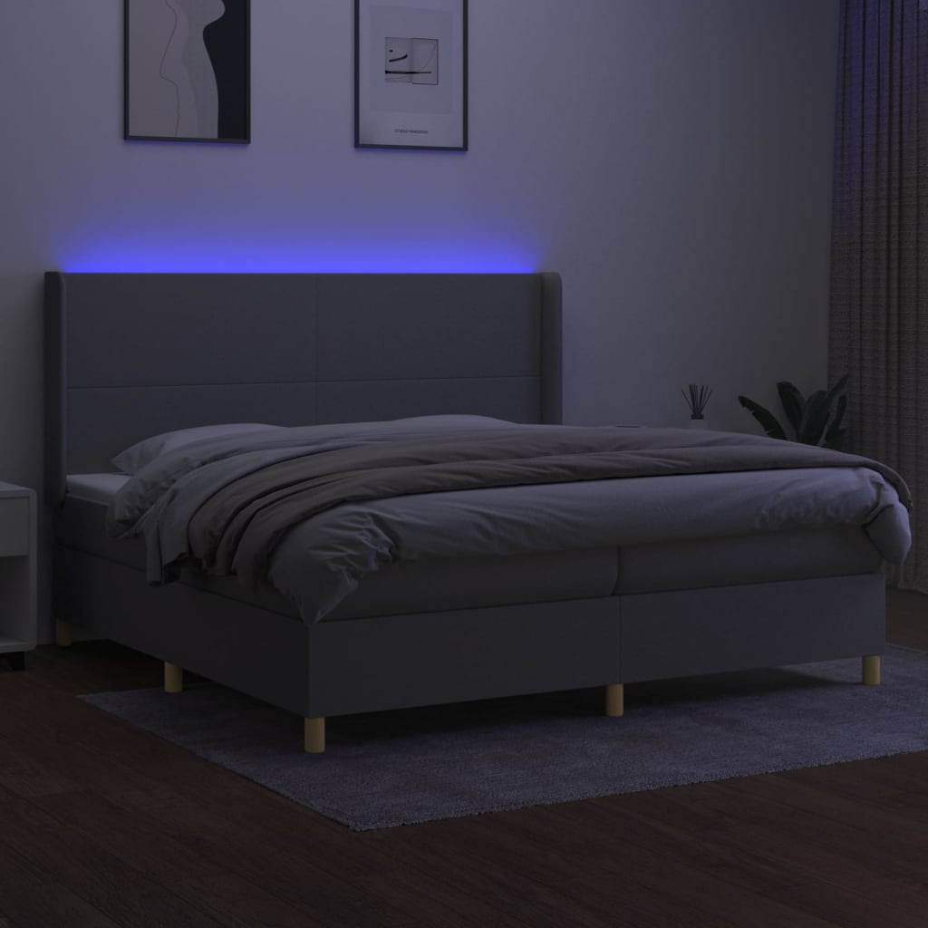 Cama box spring c/ colchão e LED 200x200 cm tecido cinza-claro