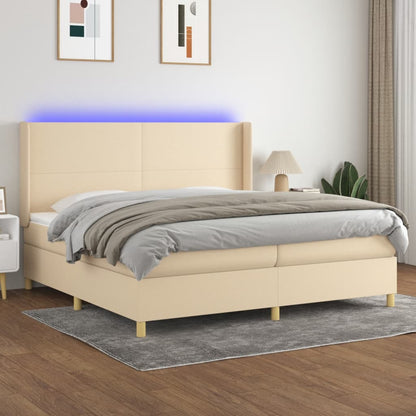 Cama box spring c/ colchão e LED 200x200 cm tecido cor creme